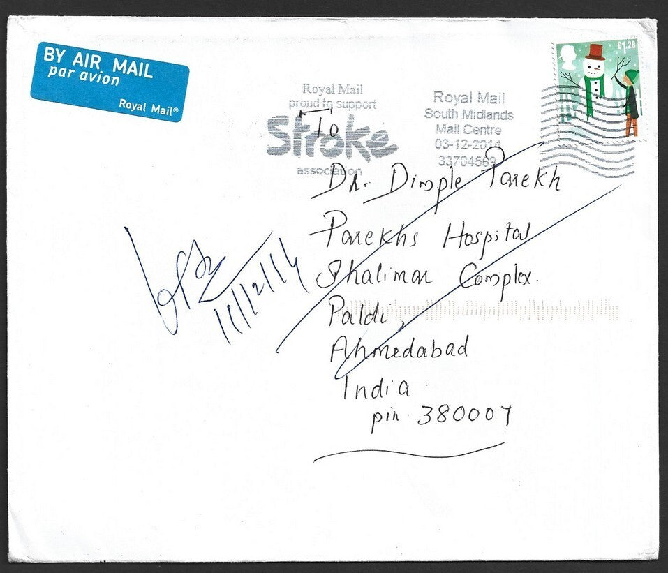 GB £1.28 Snowman single franked RTS cover to India