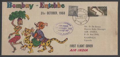 AOP Air India FFC First Flight covers 1968 Entebbe Uganda to Bombay & return (2)
