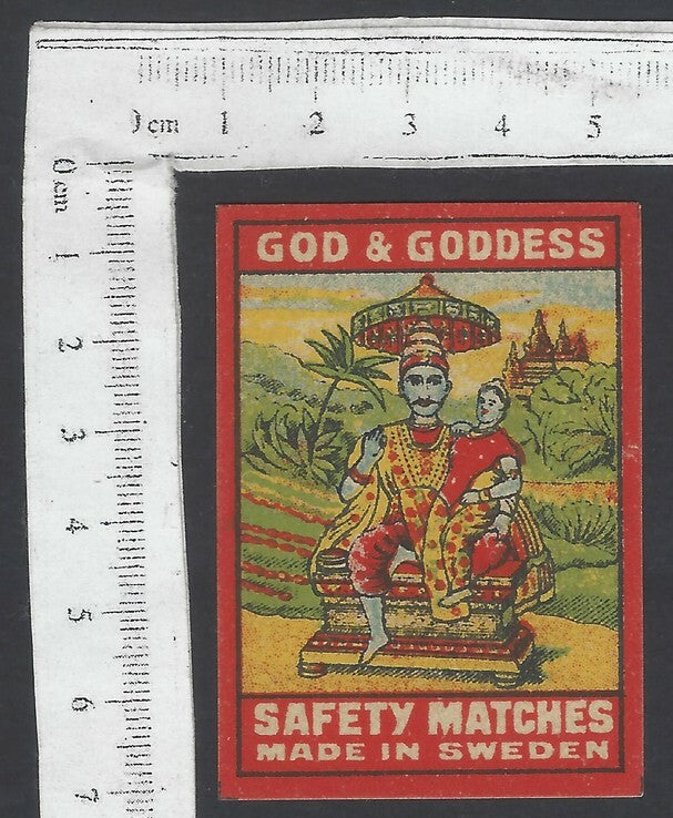 AOP India vintage matchbox label God & Goddess (Shiv, Parvati) Mnf Sweden