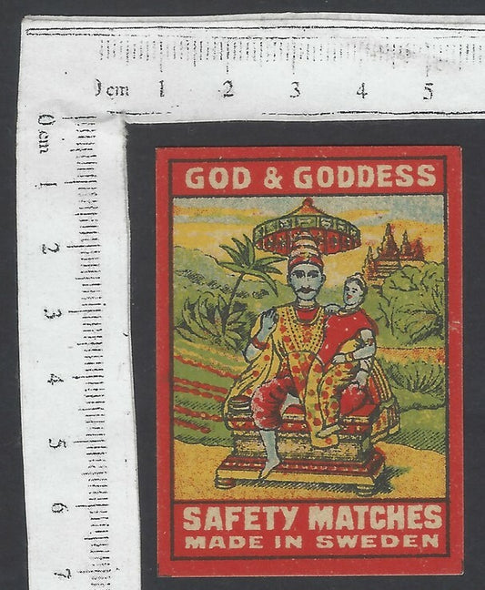 AOP India vintage matchbox label God & Goddess (Shiv, Parvati) Mnf Sweden