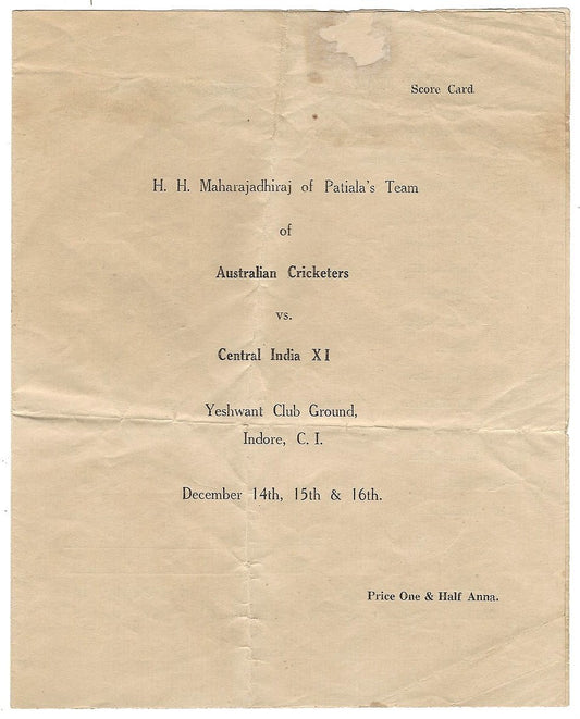 Maharaja Patiala's Team Australian Cricketers vs C India 1935 Scorecard FAULTS