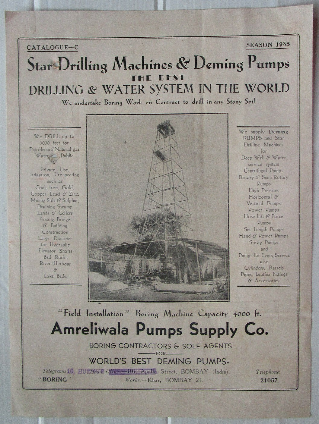 India 1939 advertzements etc for DEMING WELL PUMPS