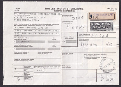 Italy 52000 Lire blue meter label on 1994 parcel card to India