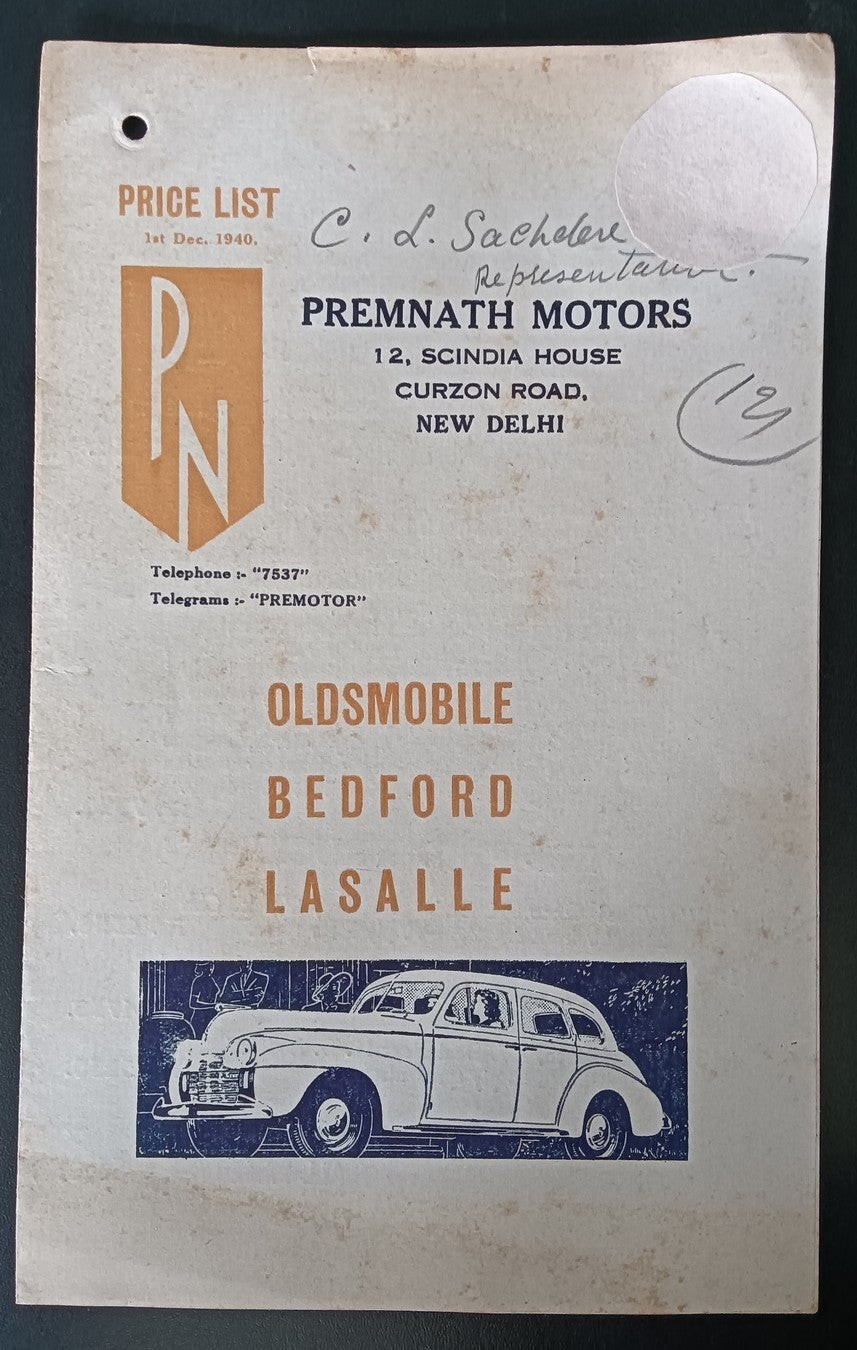 India 1940 Price List OLDSMOBILE, BEDFORD, LASALLE Cars & Trucks
