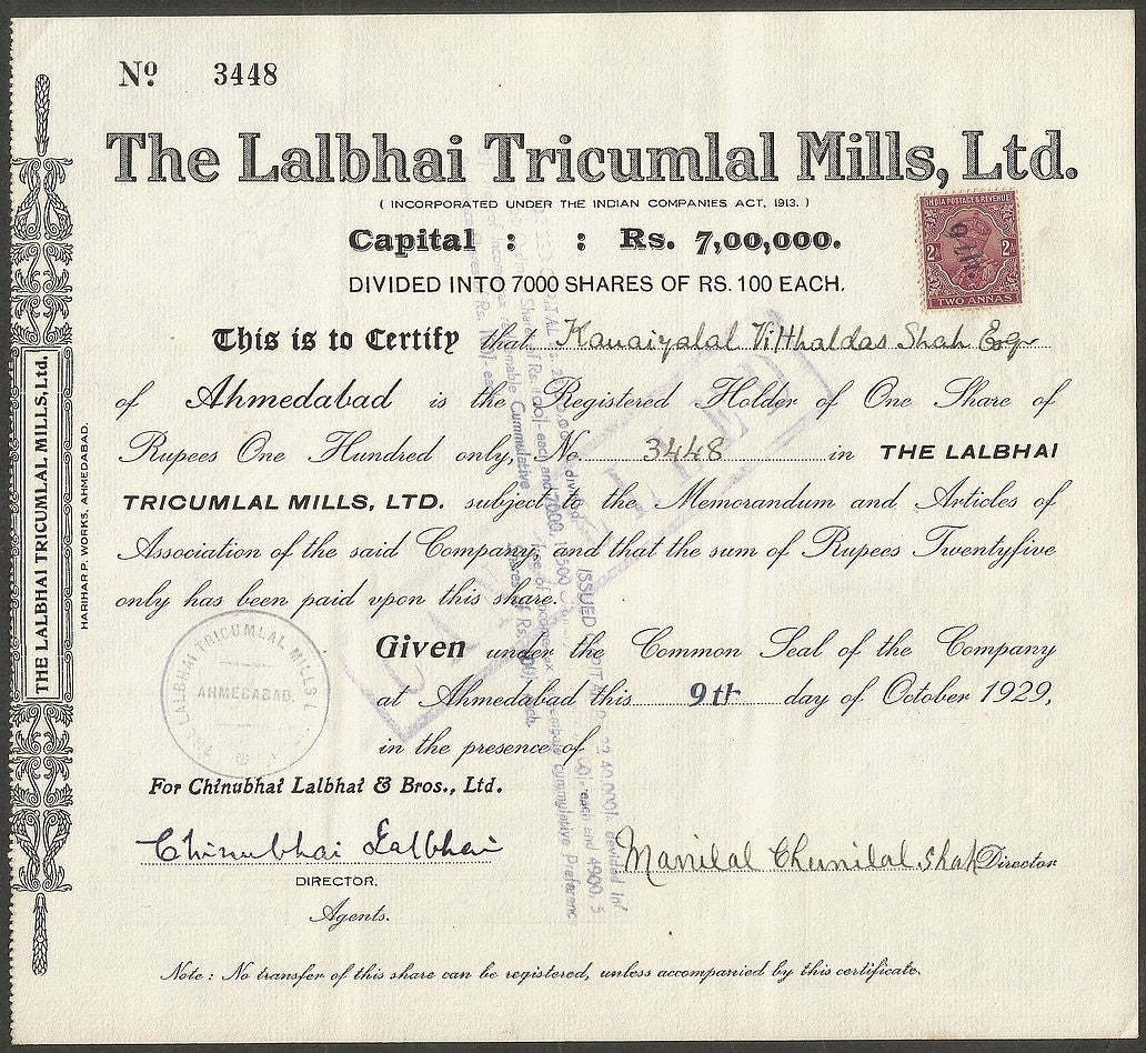India Lalbhai Tricumlal Mills Ltd 1929 equity share certificate