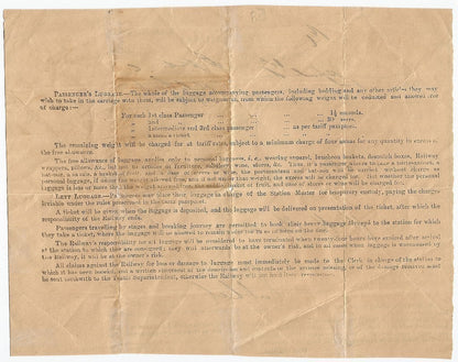 India 1886 State Railway Passenger Luggage Ticket