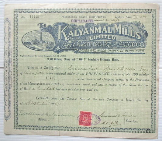 India 1923 Kalyanmal Mills Ltd. share certificate No - 15445