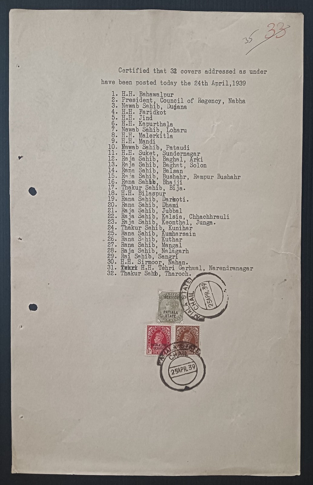 India PATIALA 1939 Cerificate of Posting letters to RAJAS & NAWABS of 32 States