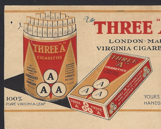 India 1933 THREE A London Made Virginia cigarettes pictoral billhead