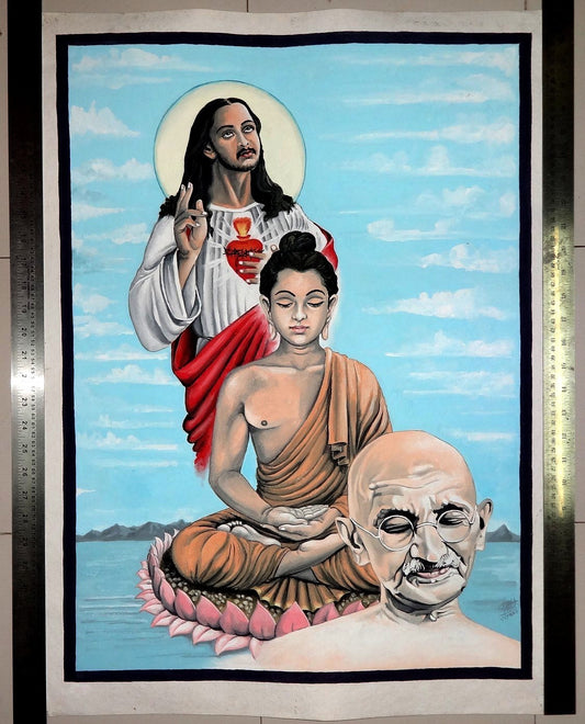 India watercolor on card GANDHI, BUDDHA & JESUS 22” x 30” Ӝ