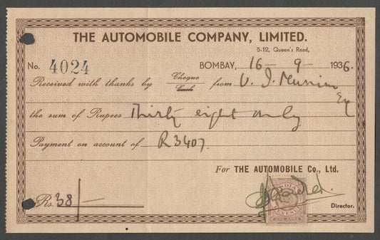 AOP India THE AUTOMOBILE C0MPANY, Bombay 1936 stamped receipt