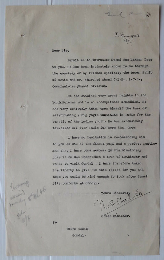 India 1946 correspondence about setting up a Yogic Institute in India