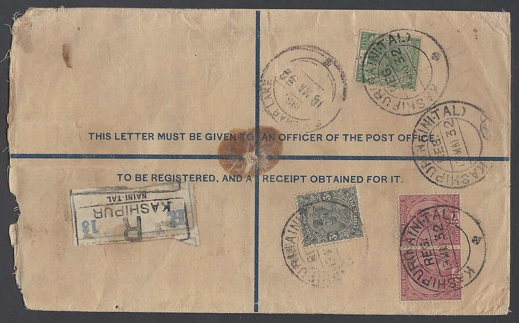  AOP India KGV 3a+1a registered envelope uprated KGV 16a9p used KASHIPUR