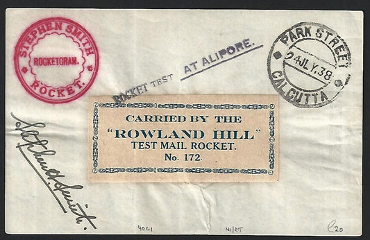 India ROCKET MAIL 1938 ROWLAND HILL TEST MAIL ROCKET missive. #EZ 40C1