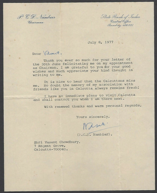 India 1977 letter signed PCD Nambiar Chairman State Bank of India & envelope