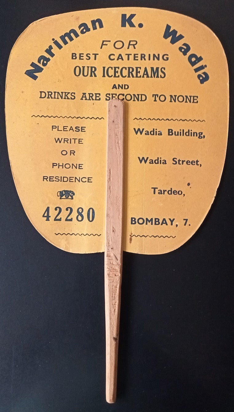 India vintage c.1940 HAND FAN with advertisement for Narinam Wadia Ice Cream