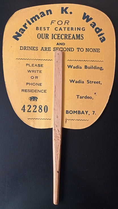India vintage c.1940 HAND FAN with advertisement for Narinam Wadia Ice Cream