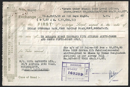 India & Bangladesh revenue stamps on 1987 Bill of Exchange