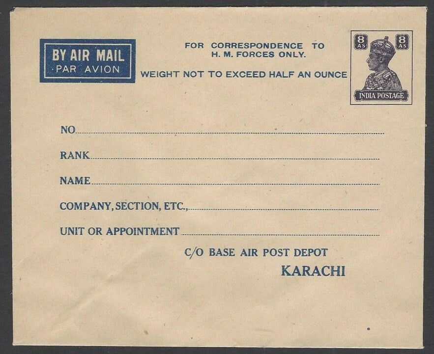 India King George VI MILITARY ENVELOPE 8as blue/cream envelope mint