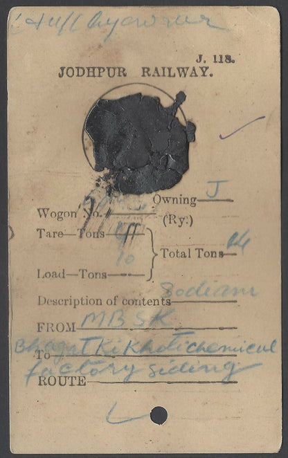 AOPIMT India vintage Jaipur Railway Parcel Tag 