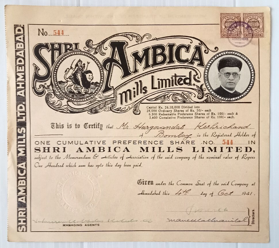 AOP India 1941 share certificate Shri, Ambica Mills Ltd