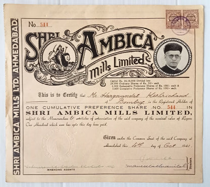 AOP India 1941 share certificate Shri, Ambica Mills Ltd