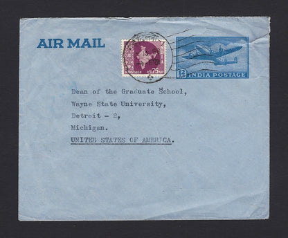 India 12as airmail envelope uprated decimal 75np map to USA