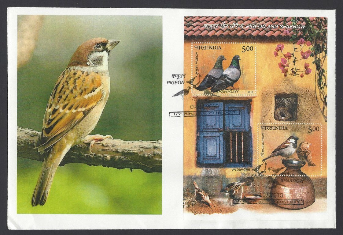 India 2010 Birds, Pigeons, Sparrows minisheet FDC