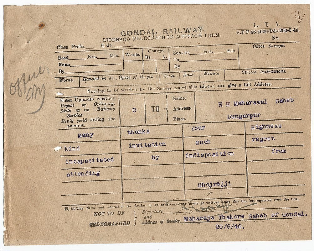 India 1946 telegram from Maharaja Laxman Singhji Dungarpur & signed response