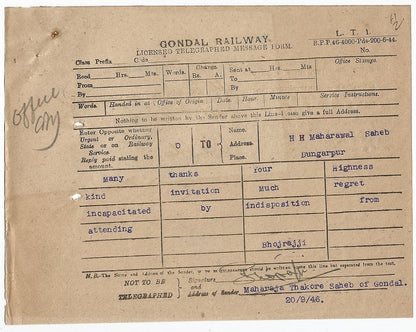 India 1946 telegram from Maharaja Laxman Singhji Dungarpur & signed response