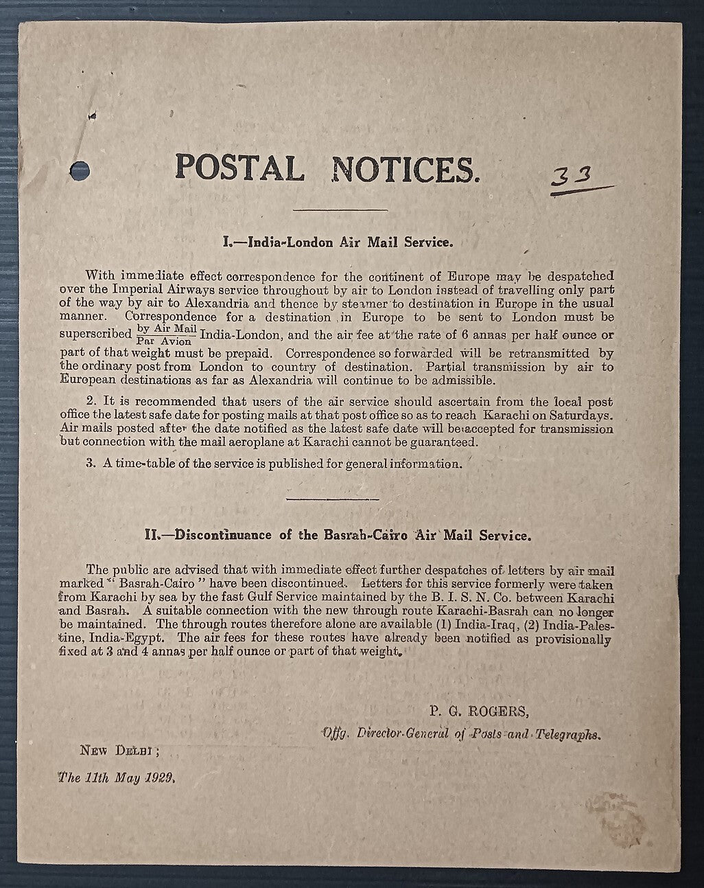 India POSTAL NOTICE 11th May 1929 Discontinuance of Basrah-Cairo Air Mail, etc.