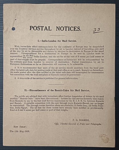 India POSTAL NOTICE 11th May 1929 Discontinuance of Basrah-Cairo Air Mail, etc.