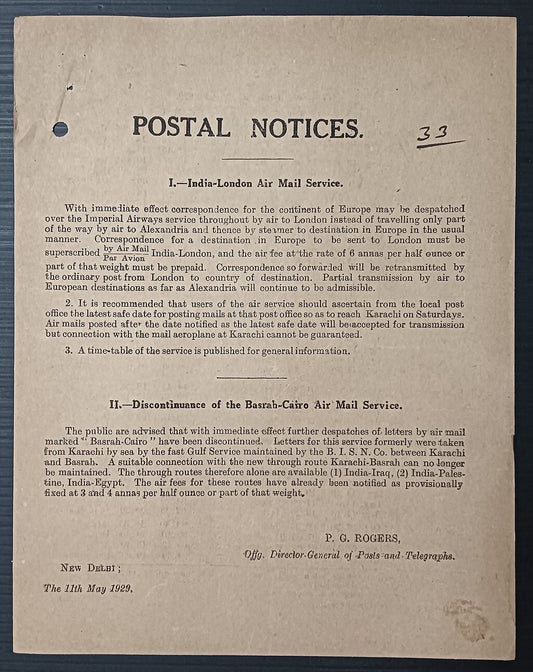 India POSTAL NOTICE 11th May 1929 Discontinuance of Basrah-Cairo Air Mail, etc.