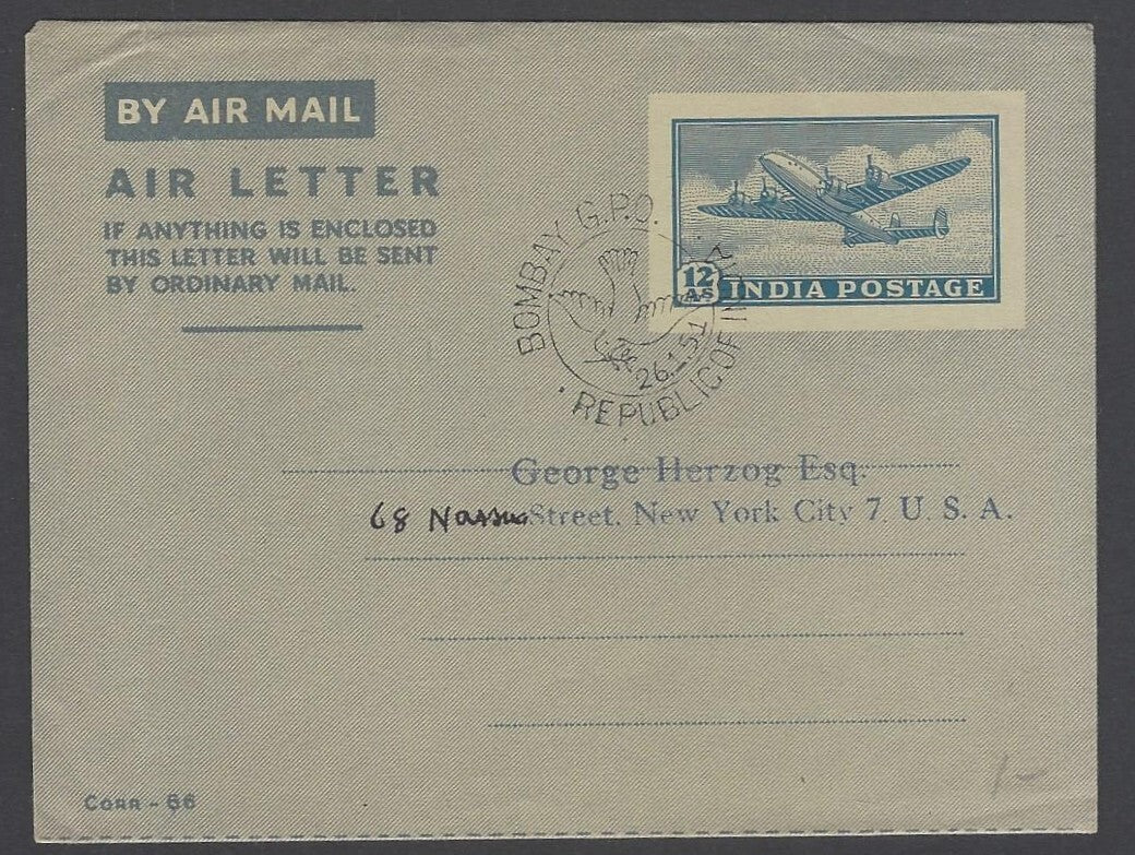 AOP India 1951 aerogramme air letter used 26-1-51 REPUBLIC DAY to Herzog, USA