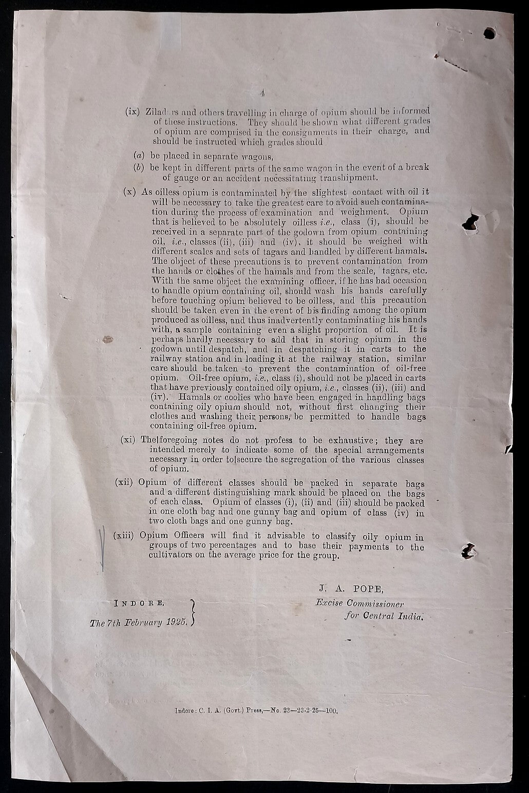 AOP India 1925 Official printed document CLASSIFICATION OF OPIUM