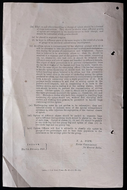 AOP India 1925 Official printed document CLASSIFICATION OF OPIUM