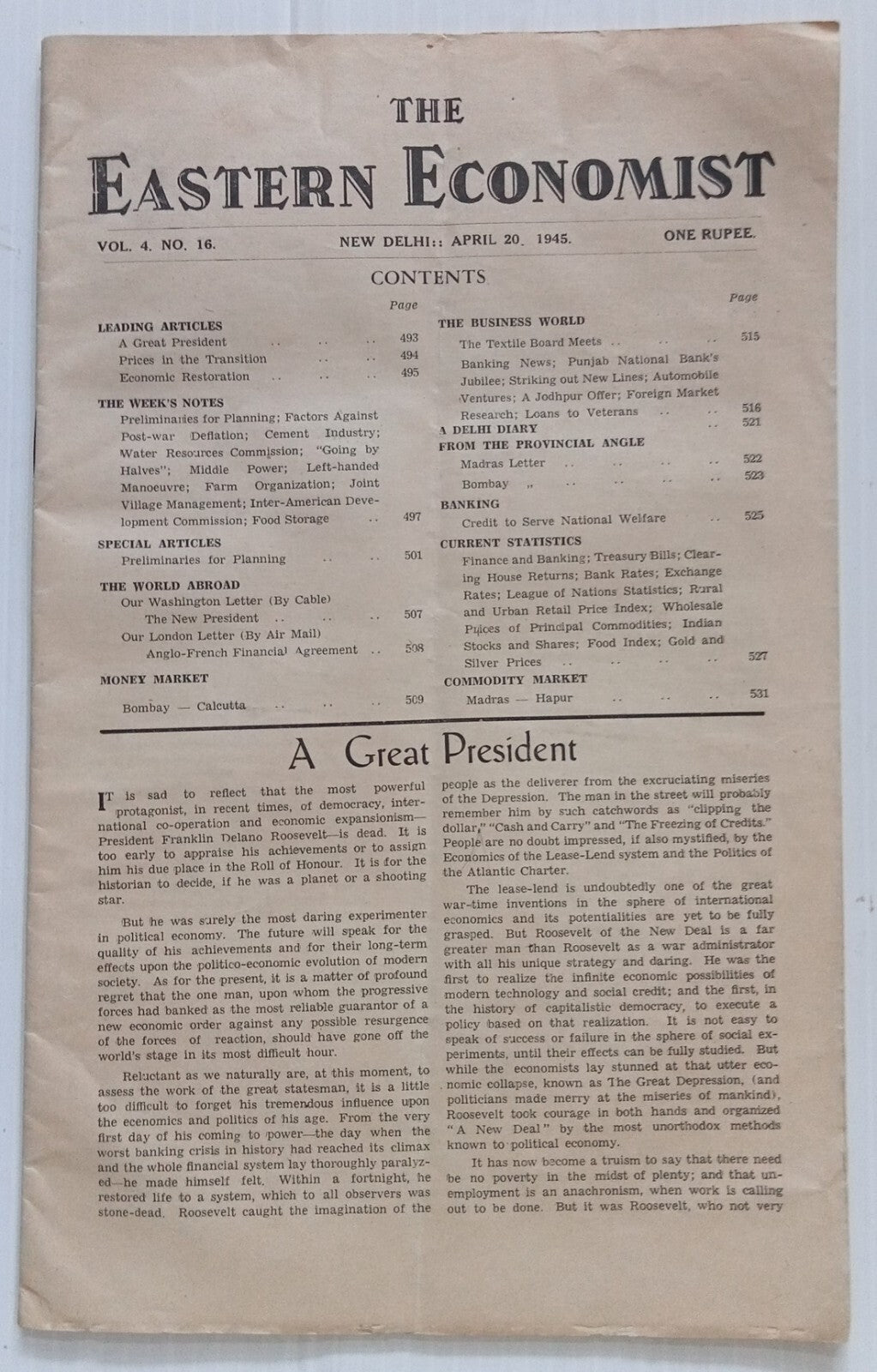 AOP India Newspaper The Eastern Economist April 20, 1945 issue