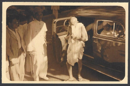 AOP India full back pictorial 50p Gandhi postal card GANDHI alights from a car