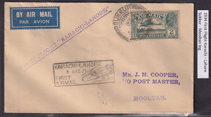 India 1934 First Flight cover Sukkur to Mooltan leg of Karachi - Lahore flight
