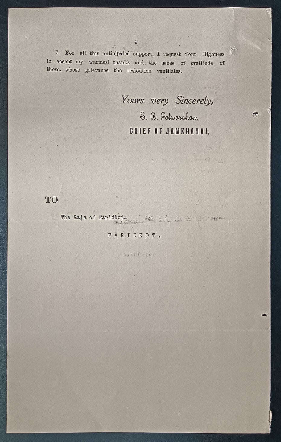 India 1933 crested letter JAMKHANDI STATE signed Maharaja S A Patwardhan