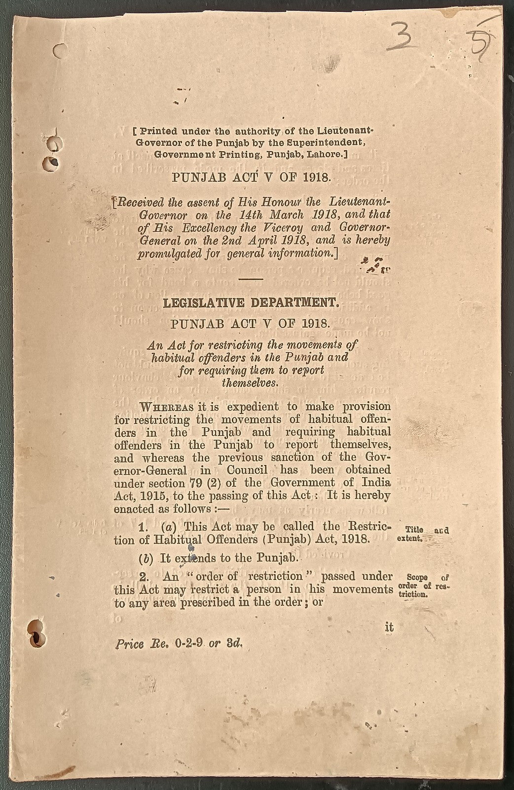 India 1918 Restriction of Habitual Offenders Act - 8 pages