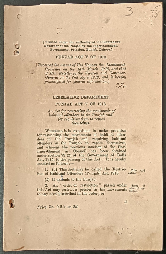 India 1918 Restriction of Habitual Offenders Act - 8 pages