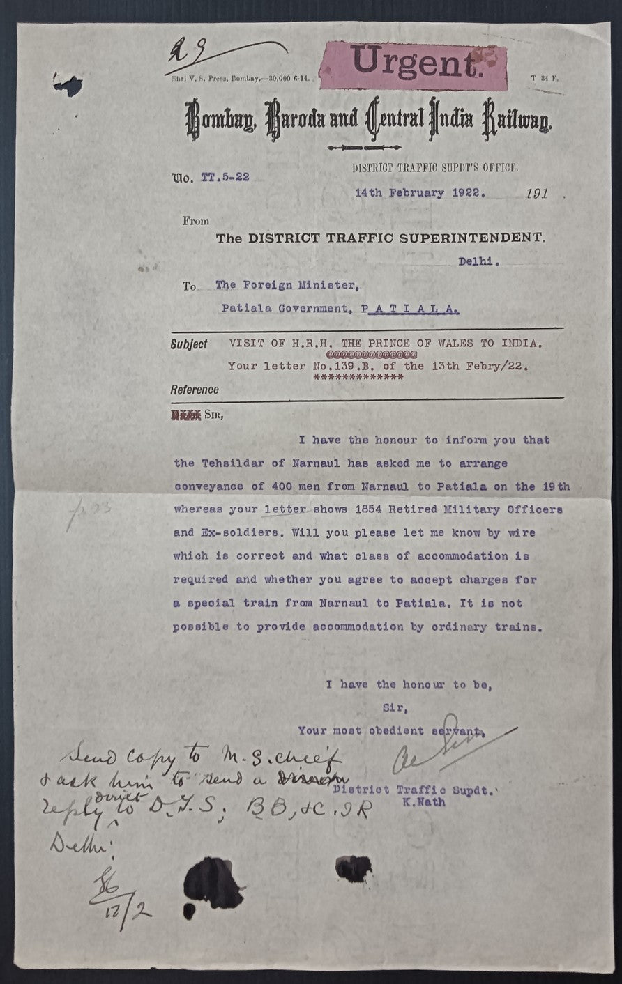India 1922 BBC&I Railway letterhead re : HRH The Prince of Wales Visit