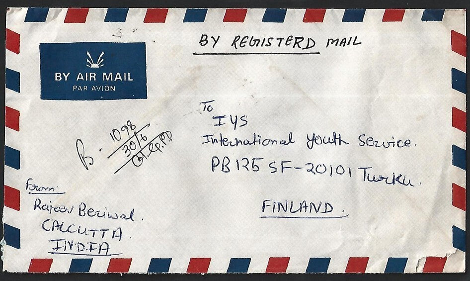 India registered cover to Finland with large hollow cross mark cancellation