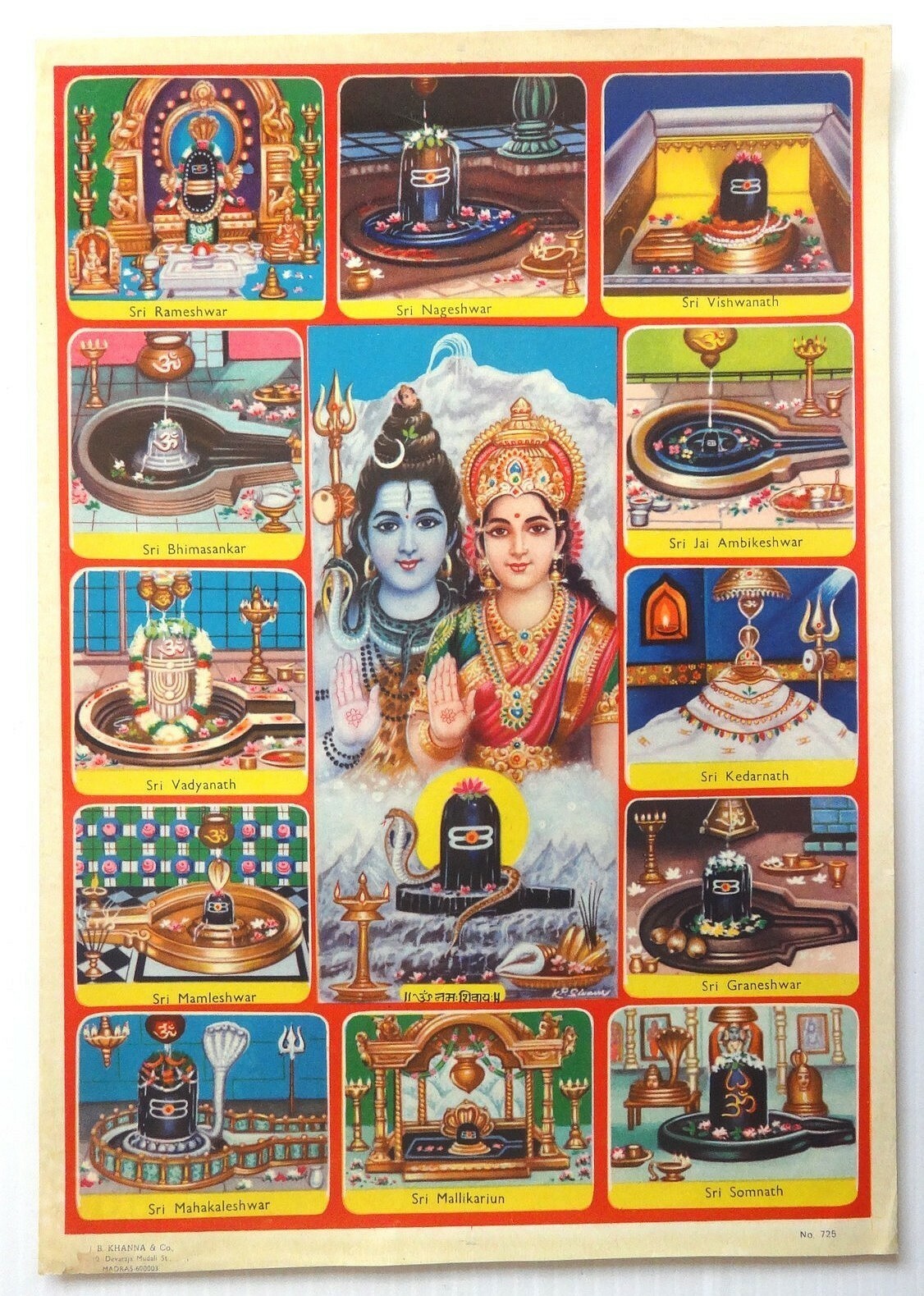 India vintage Hindu poster SHIV MANDIRS, J.B. Khanna & co 9.5” x 13.5”