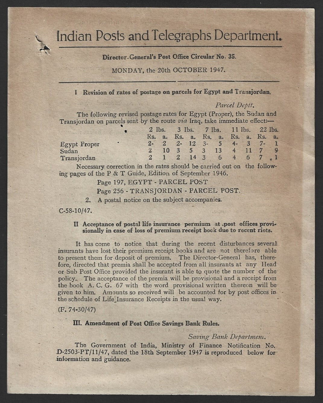 India POSTAL NOTICE #35 20 Oct 1947 Postage rates Egypt & Transjordan + CIRCULAR