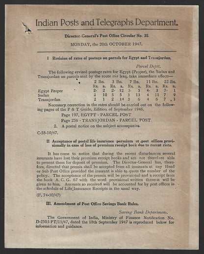 India POSTAL NOTICE #35 20 Oct 1947 Postage rates Egypt & Transjordan + CIRCULAR