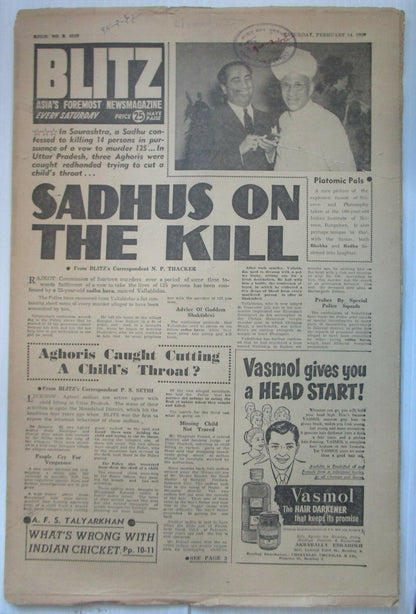 India Blitz 14 Feb 1959 1963 issue SADHUS ON THE KILL see condition