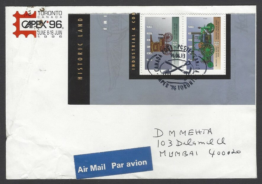 AOP Canada 1996 Historical Vehicles 45c pair on cover to India