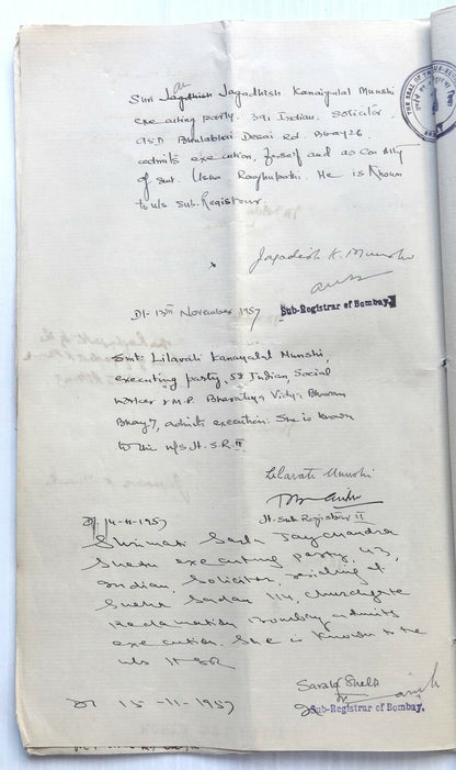 India 1957 Agreement signed Lilavati Munshi Freedom Fighter & Gandhi Associate